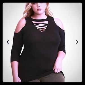 Super soft lace up neck cold shoulder tee